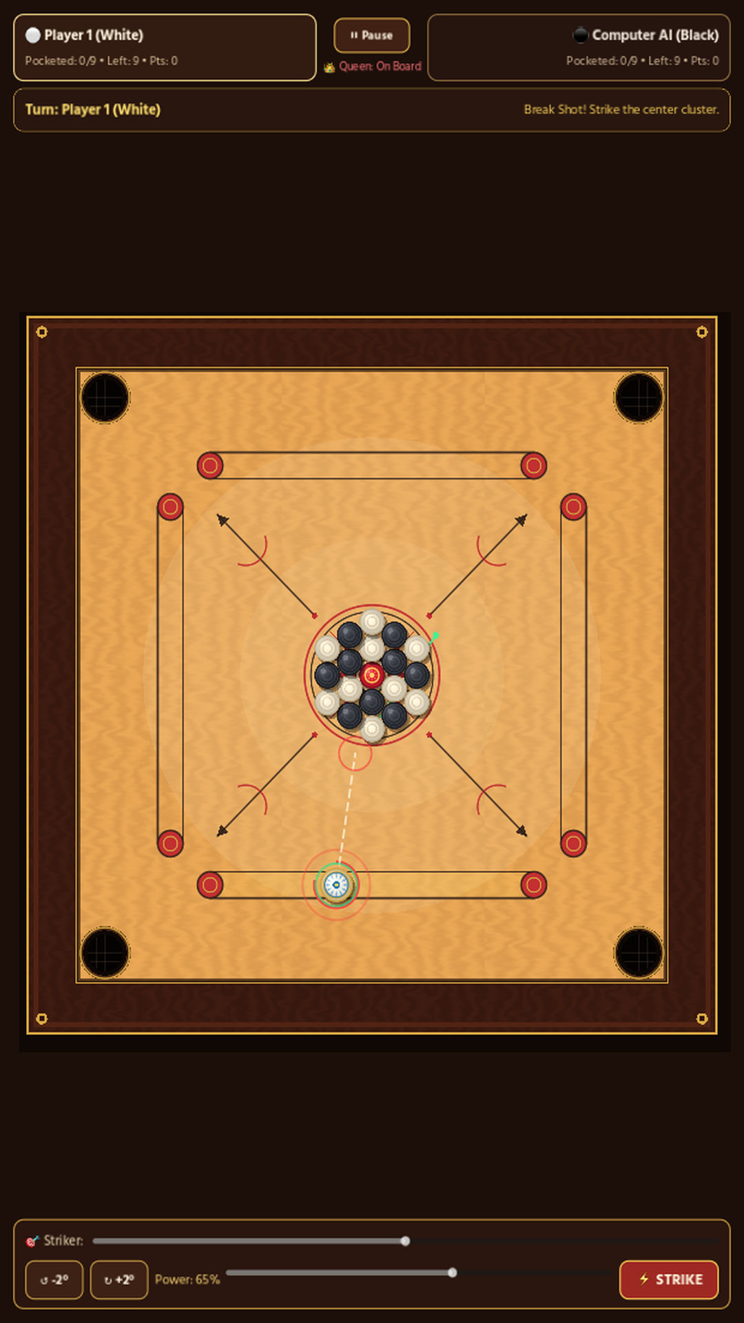Carrom by Walletmix gameplay showing 19-coin center cluster, Red Queen, baseline striker positioning, and trajectory guide