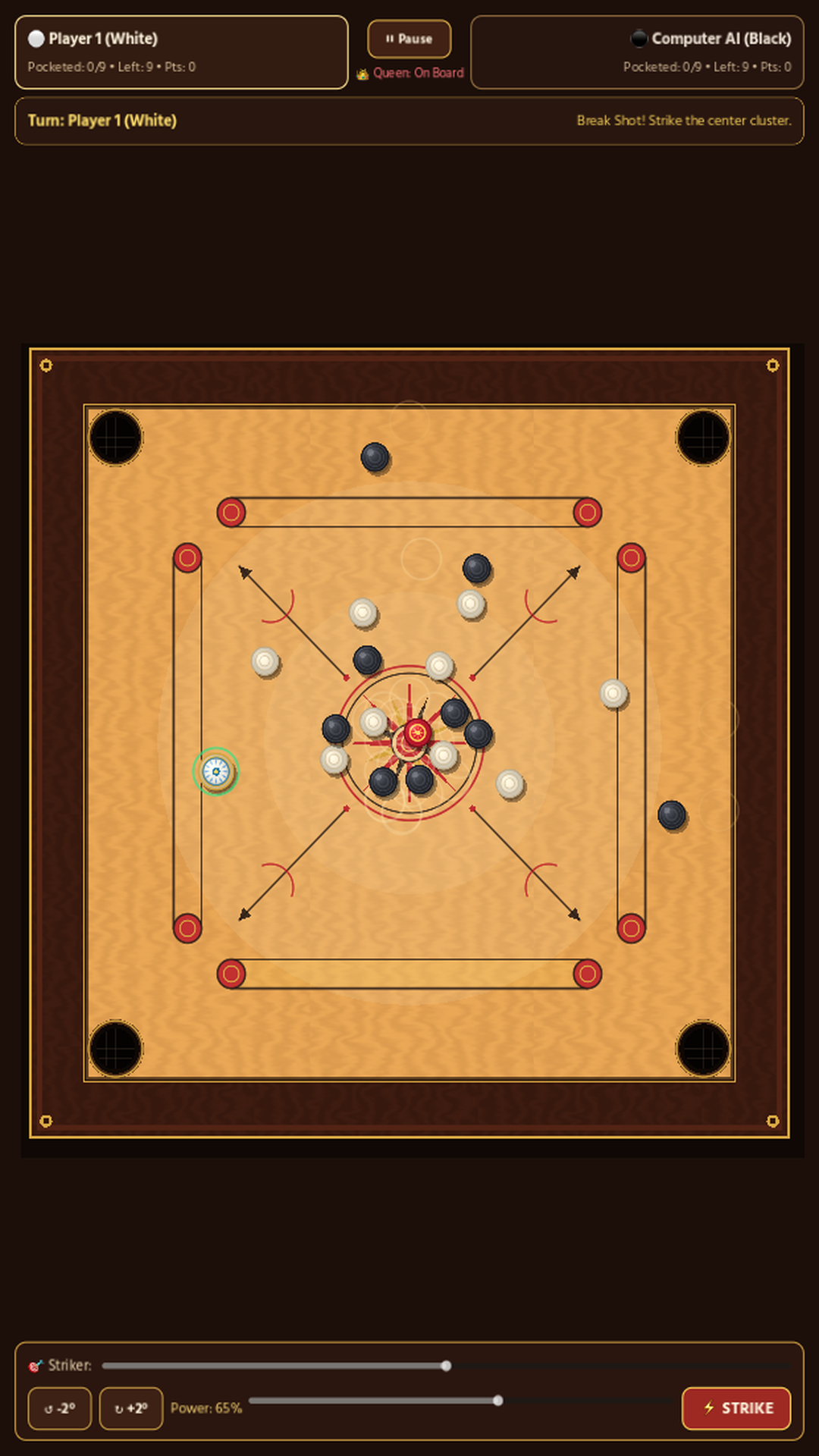 Carrom by Walletmix board after break shot showing scattered White, Black, and Red Queen coins and AI turn indicator