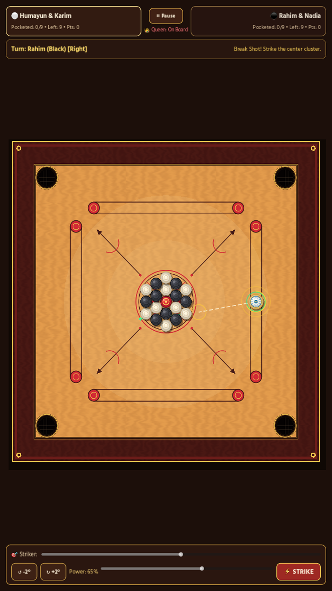 Carrom by Walletmix 4-Player (2v2 Teams) mode on the Royal Bengal Mahogany board theme