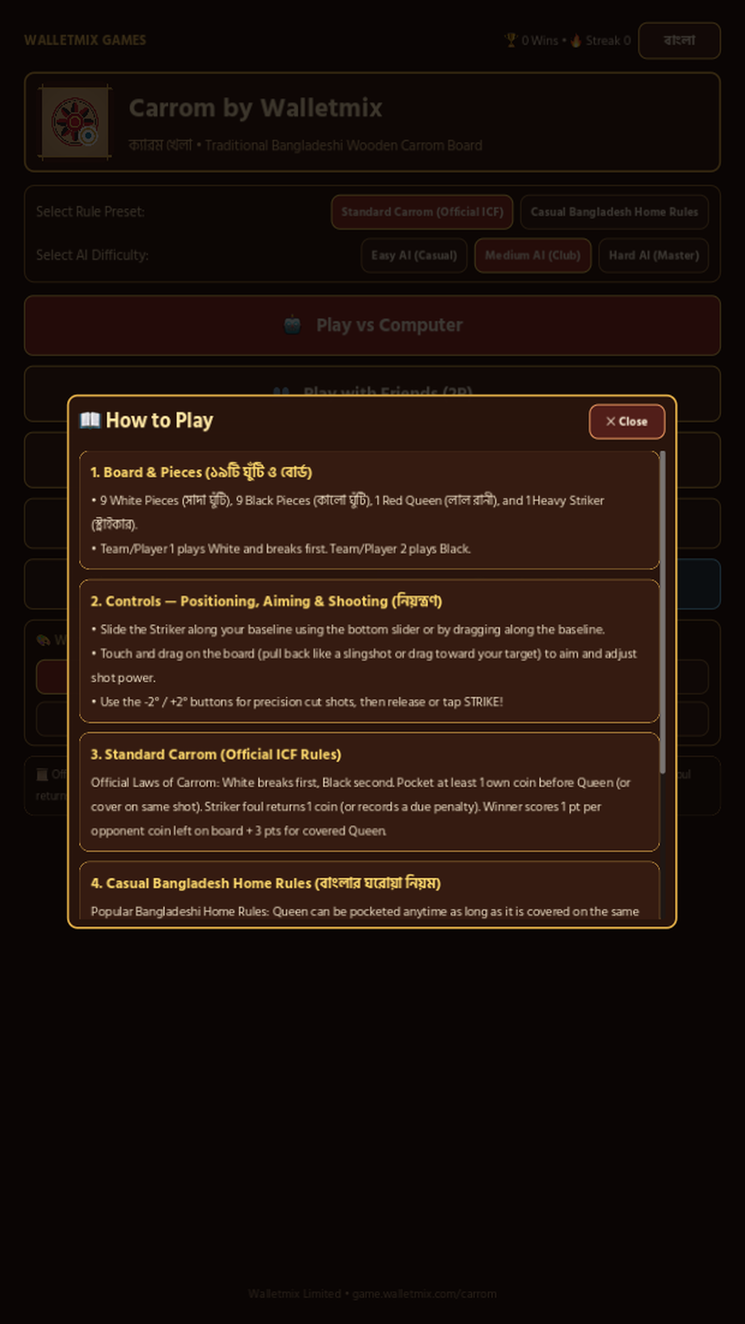 Carrom by Walletmix interactive How to Play & Official Rules modal explaining Queen cover and foul penalties