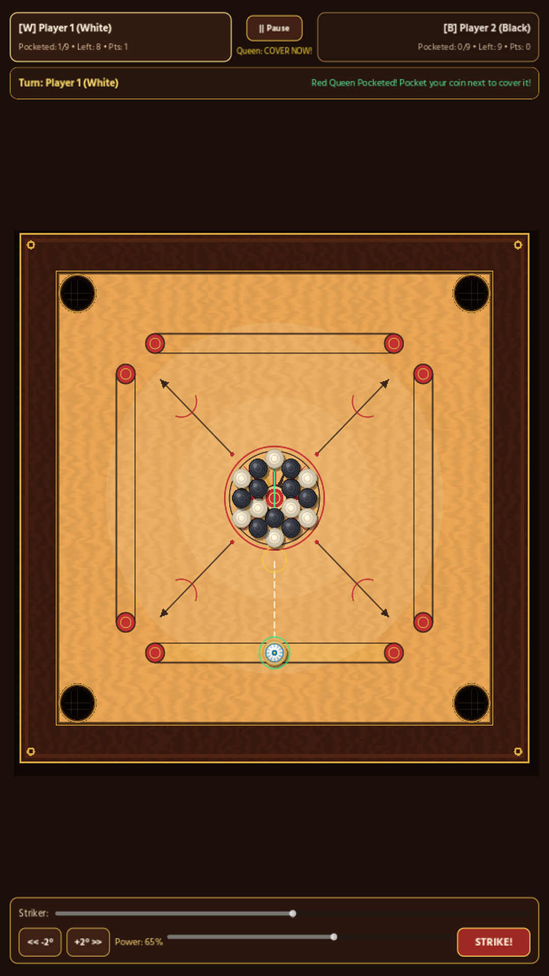 Carrom by Walletmix HUD showing Queen Pending Cover badge after pocketing the Red Queen