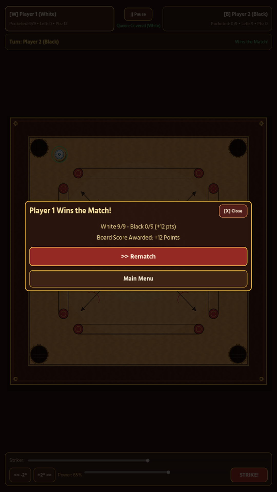 Carrom by Walletmix Match Victory modal displaying final coin tally, board points awarded, and Rematch button
