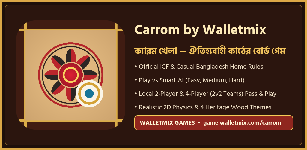 Carrom by Walletmix (ক্যারম খেলা) Official Feature Banner showing wooden Carrom board and bilingual English/Bangla typography