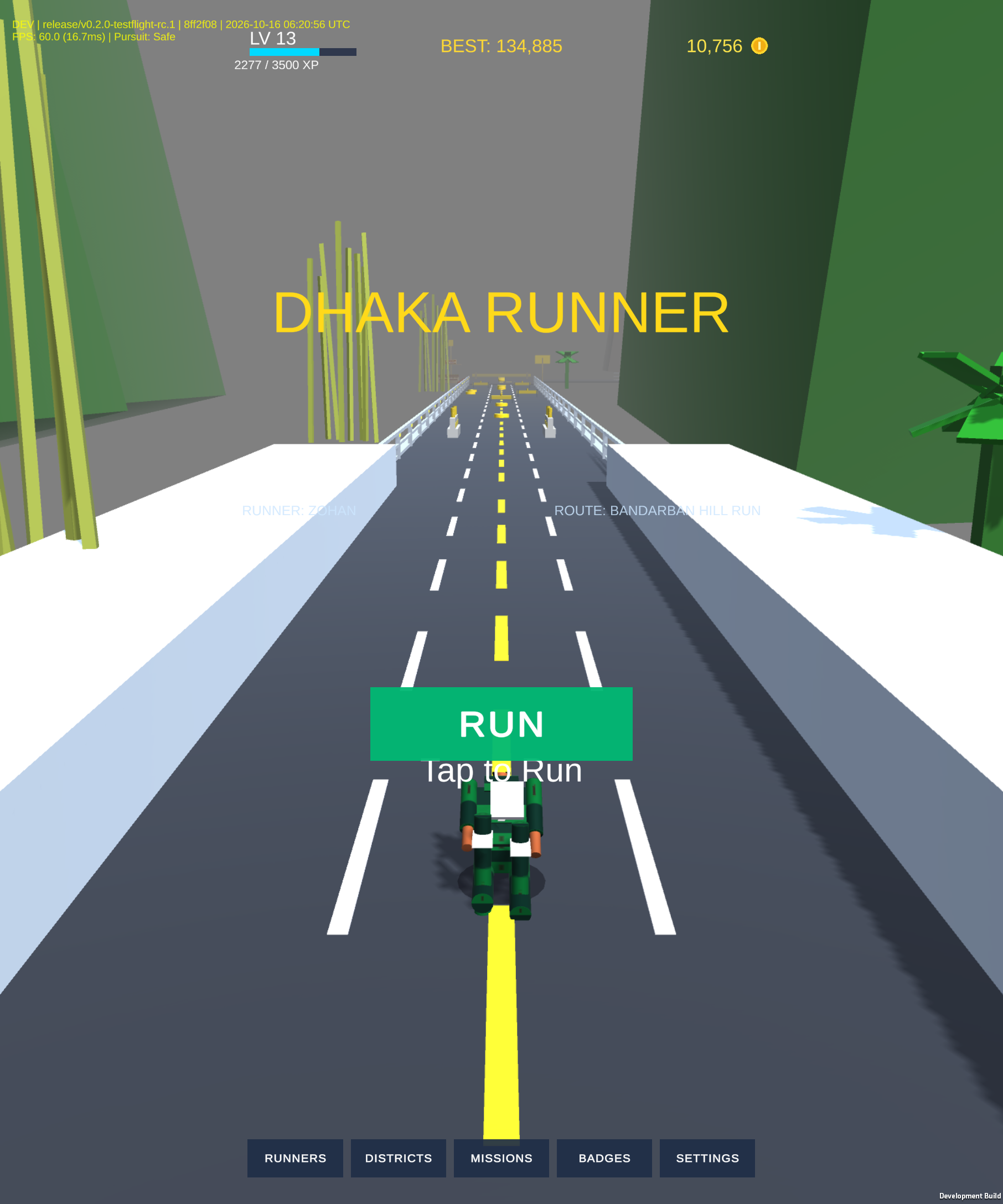 Dhaka Runner v0.2.0 main menu showing character Raihan in Dhaka street scene with Run Now button