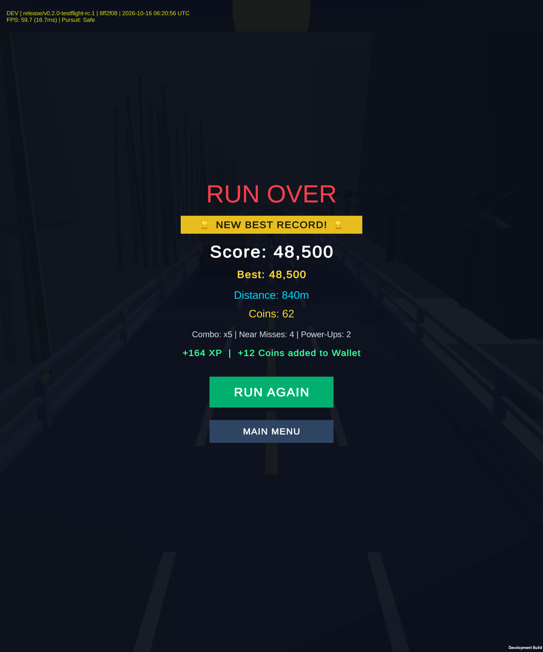 Dhaka Runner post-run results summary displaying final score, distance, coins earned, and Run Again button