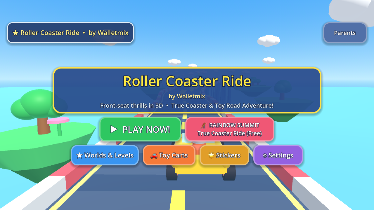 Roller Coaster Ride by Walletmix home screen showing Play button, Rainbow Summit Coaster, Toy Carts, Stickers, and Parent Area
