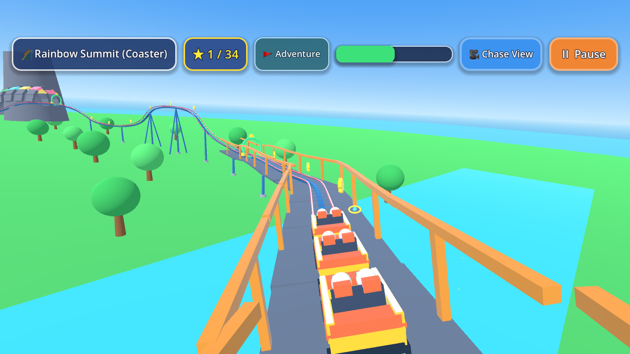 Chase camera view of the 3-car coaster train crossing the Stream Bridge on Rainbow Summit
