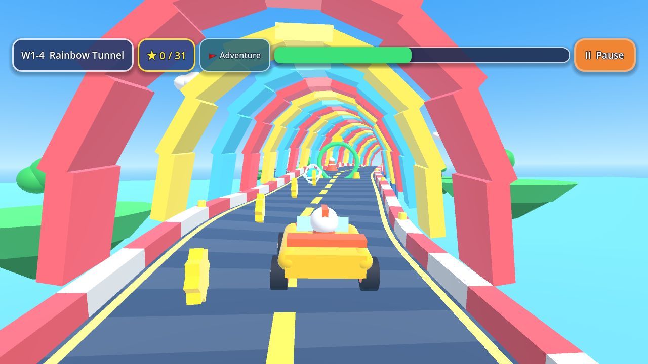 Toy cart steering through a rainbow tunnel and star arches in World 1